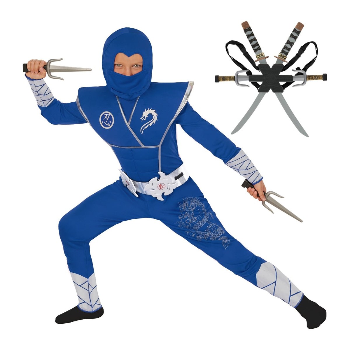 Disfraz de ninja azul y plateado con mochila para niño