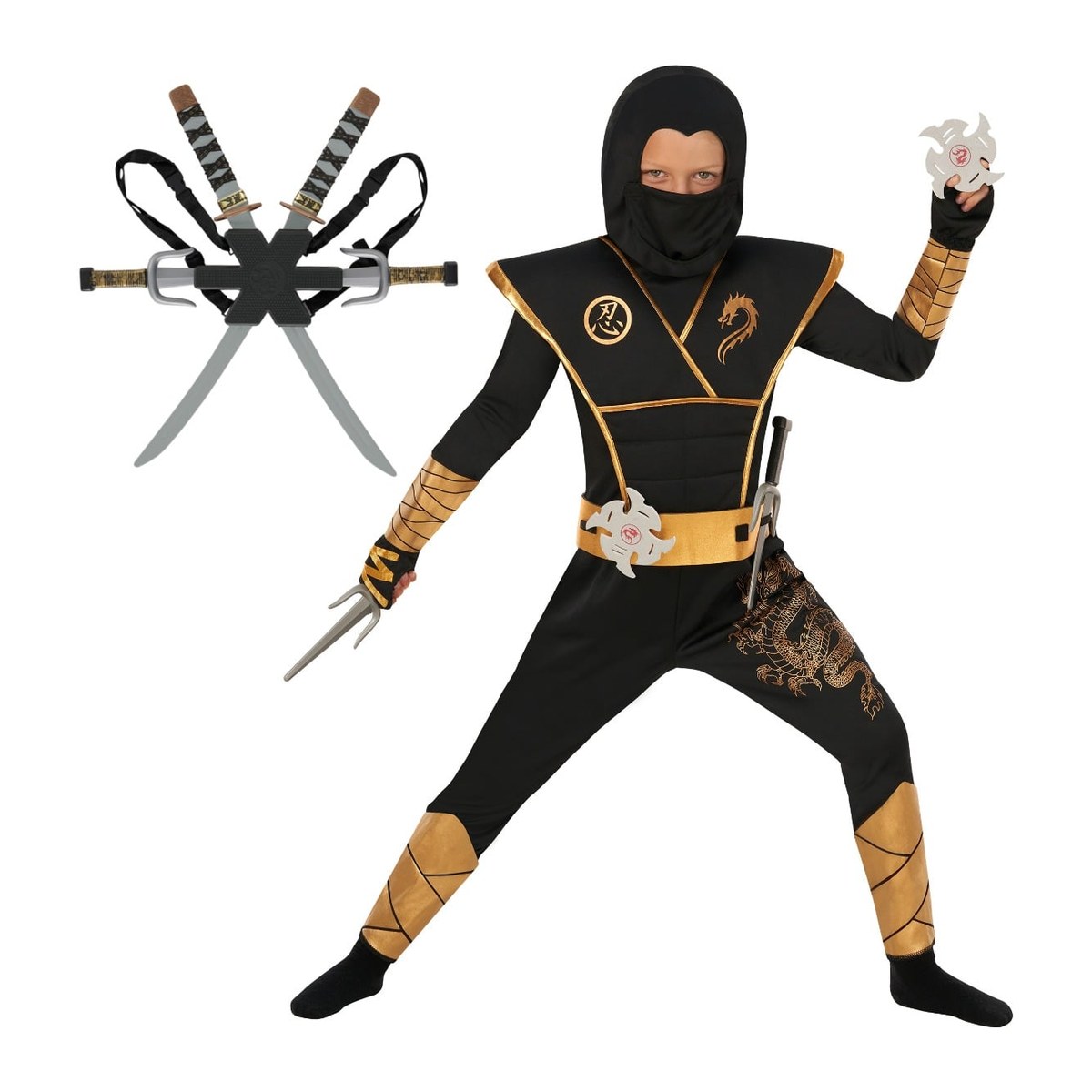 Disfraz de ninja negro y dorado con mochila para niño
