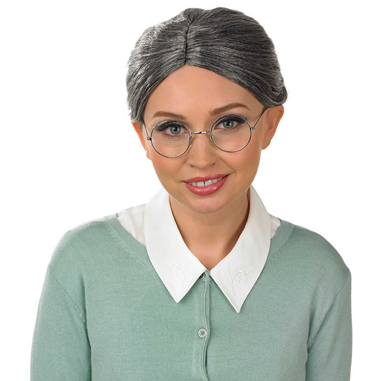 Peluca Gris de Abuela con Moño y Gafas