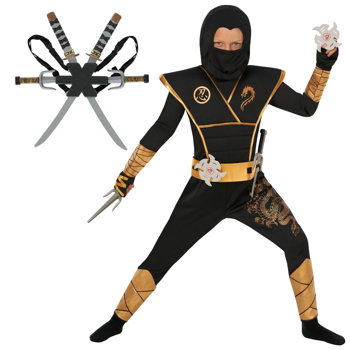 Disfraz De Ninja Dorado Y Negro Para Niño Con Mochila